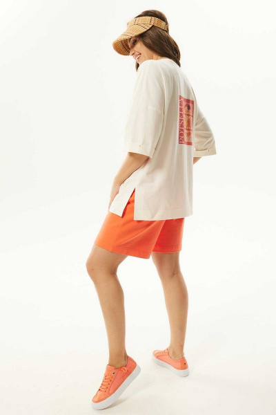 Летний комплект блуза с плечами и шорты хлопок трикотаж Mislana С947 коралл - фото 4