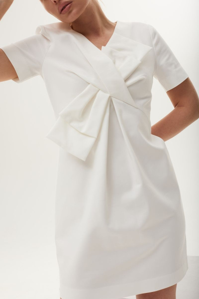Белое платье с бантом и складками из хлопка DAVA 140 белый - фото 4