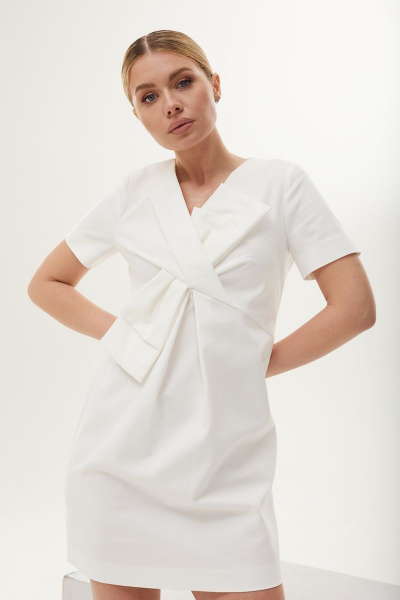 Белое платье с бантом и складками из хлопка DAVA 140 белый - фото 3
