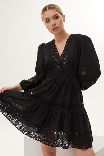 Платье из хлопка с ришелье, приталенное, с потайной молнией DAVA 153 черный - фото 2