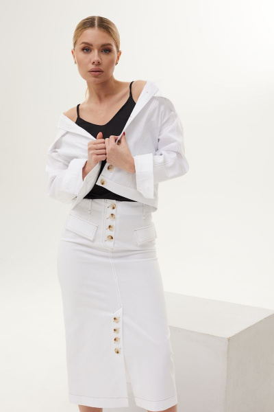 Белый костюм с жакетом и юбкой на лето из хлопка DAVA 163 белый - фото 4