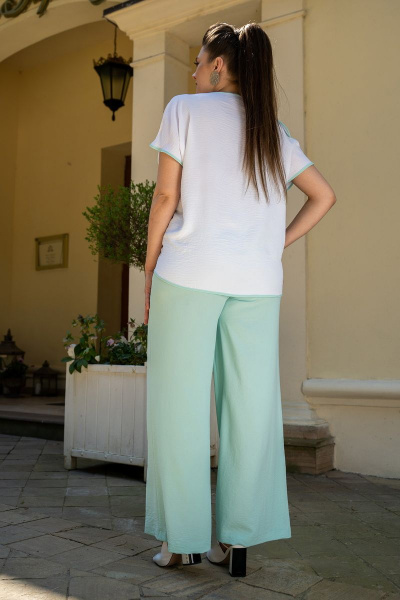 Костюм женский с блузкой и брюками с асимметричной окантовкой Andina 915-1 белый_мята - фото 4