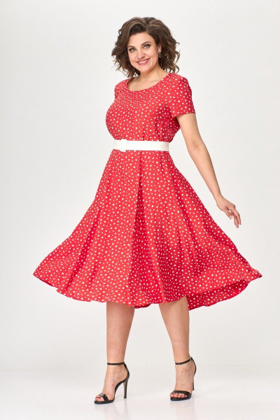 Платье приталенного силуэта с поясом и юбкой-карандаш Милора-стиль 1095 красный_с_белым - фото 2