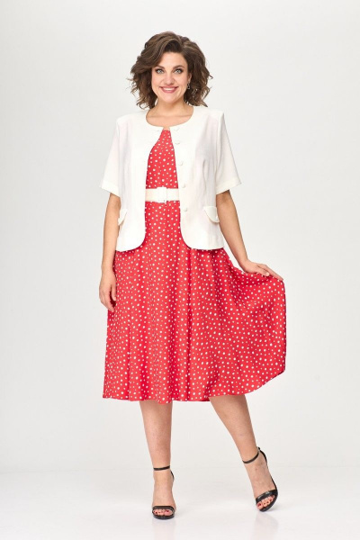 Платье приталенного силуэта с поясом и юбкой-карандаш Милора-стиль 1095 красный_с_белым - фото 1