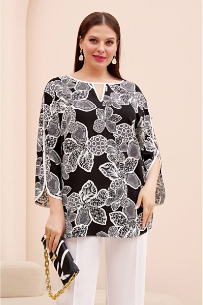 Костюм из хлопка и текстиля с прямыми брюками и туникой Lissana 4743 черный - фото 3