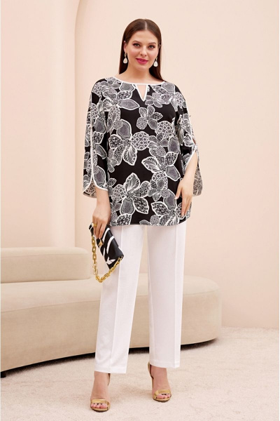 Костюм из хлопка и текстиля с прямыми брюками и туникой Lissana 4743 черный - фото 1