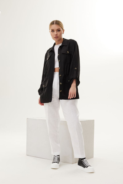 Леновый костюм 2-ка: жакет и брюки свободного кроя DAVA 174 черный-белый - фото 1