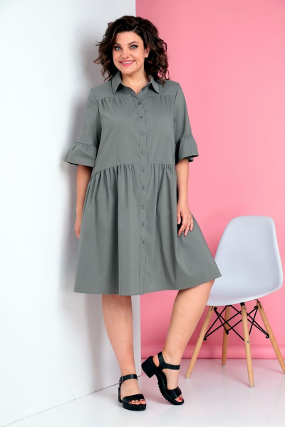 Платье на каждый день из хлопка трапециевидного силуэта Ивелта плюс 1815 серо-зелёный - фото 3
