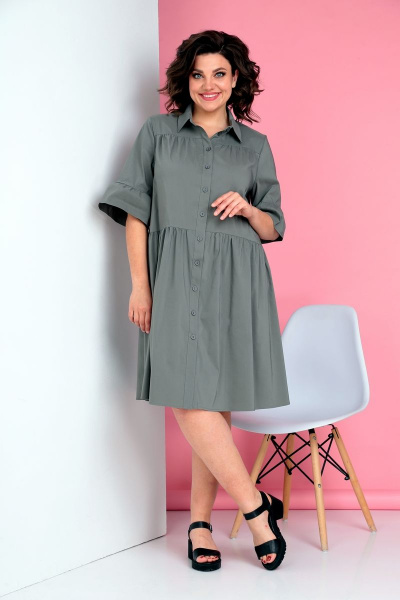 Платье на каждый день из хлопка трапециевидного силуэта Ивелта плюс 1815 серо-зелёный - фото 2