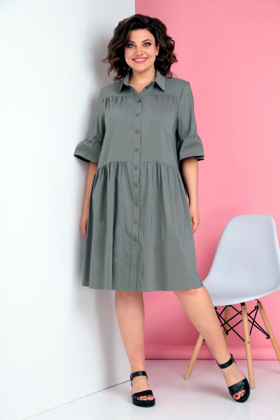 Платье на каждый день из хлопка трапециевидного силуэта Ивелта плюс 1815 серо-зелёный - фото 1
