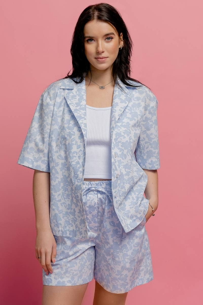 Рубашка-жакет из хлопка с печатным рисунком и панамой JRSy 2338 голубые_цветочки - фото 3