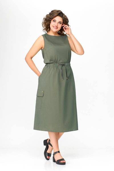 Платье Х-образного силуэта из хлопка с кулисной талией Swallow 664.1 хаки - фото 1