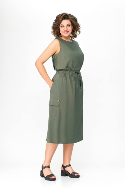 Платье Х-образного силуэта из хлопка с кулисной талией Swallow 664.1 хаки - фото 4