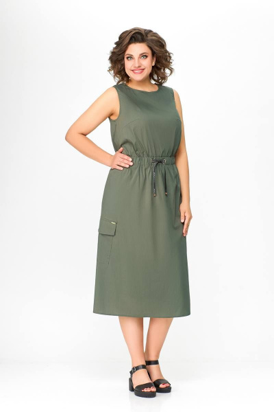 Платье Х-образного силуэта из хлопка с кулисной талией Swallow 664.1 хаки - фото 3