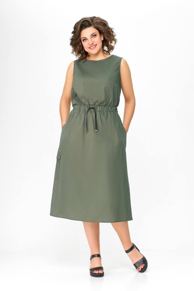 Платье Х-образного силуэта из хлопка с кулисной талией Swallow 664.1 хаки - фото 2