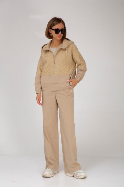 Бежевые брюки из текстиля и хлопка с резинкой и карманами Mixan 3037 - фото 3