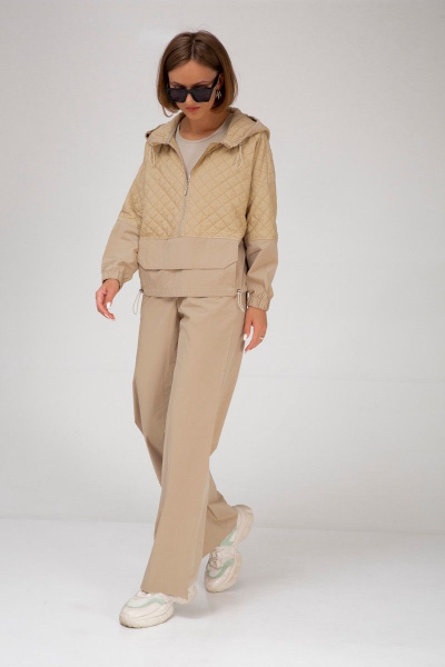 Бежевые брюки из текстиля и хлопка с резинкой и карманами Mixan 3037 - фото 1