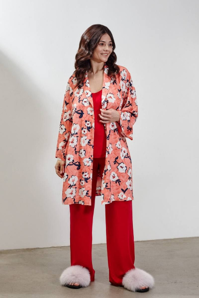 Халат-кимоно с глубоким запахом и карманами INAYA 01-003 коралловый_букет - фото 5