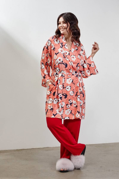 Халат-кимоно с глубоким запахом и карманами INAYA 01-003 коралловый_букет - фото 4