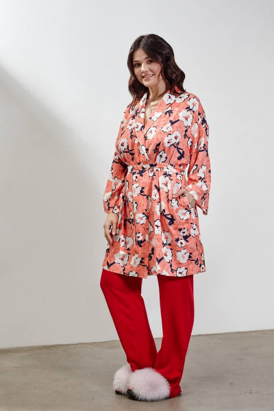 Халат-кимоно с глубоким запахом и карманами INAYA 01-003 коралловый_букет - фото 1