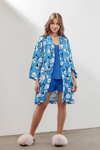 Голубой халат-кимоно с поясом и карманами INAYA 01-003 синий_букет - фото 5