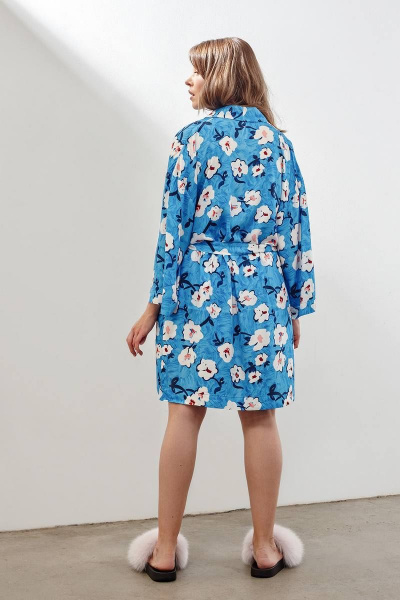 Голубой халат-кимоно с поясом и карманами INAYA 01-003 синий_букет - фото 4