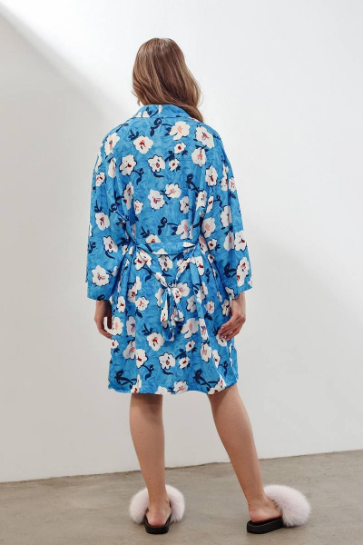 Голубой халат-кимоно с поясом и карманами INAYA 01-003 синий_букет - фото 3