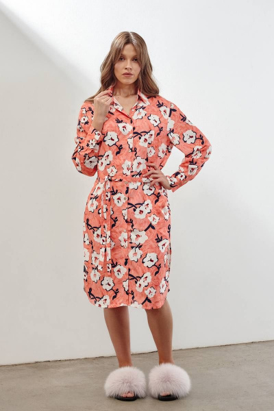 Платье-рубашка с разрезами и воротником на пуговицах INAYA 03-001 коралловый_букет - фото 1