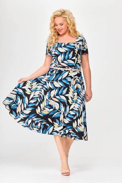 Платье полуприлегающего силуэта из хлопка с ремнем и карманами Swallow 667.2 принт_цветные_листья - фото 3