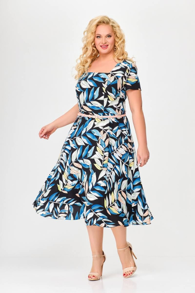 Платье полуприлегающего силуэта из хлопка с ремнем и карманами Swallow 667.2 принт_цветные_листья - фото 2