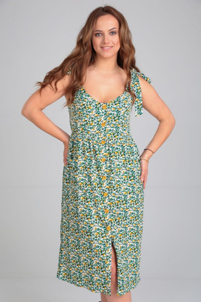 Летнее нарядное платье из вискозы с карманами и завязками Michel chic 2130 зеленый-цветы - фото 1