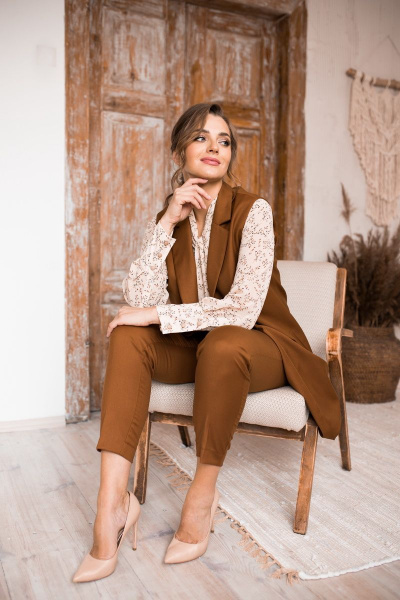 Демисезонный комплект для делового образа из текстиля SandyNa 130560 медно-коричневый - фото 3