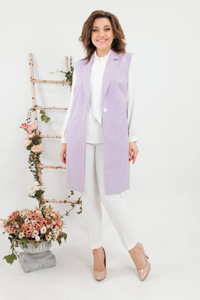 Круглогодичный комплект жилет и брюки в деловом стиле SandyNa 130560 сиреневая_гусьлапка+белый - фото 1