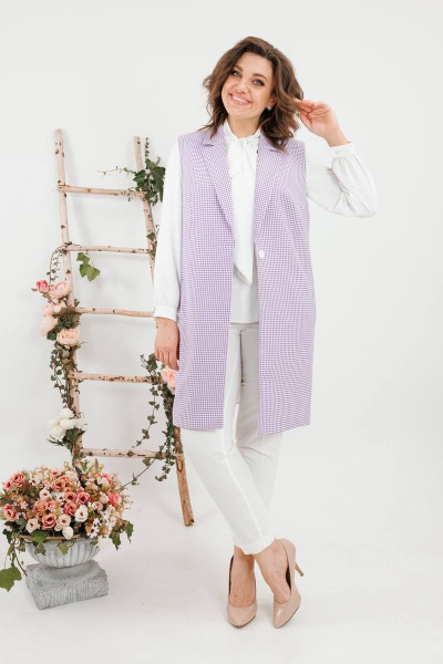 Круглогодичный комплект жилет и брюки в деловом стиле SandyNa 130560 сиреневая_гусьлапка+белый - фото 2