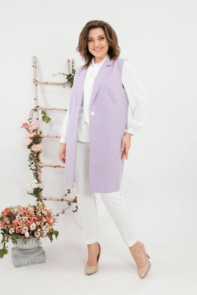 Круглогодичный комплект жилет и брюки в деловом стиле SandyNa 130560 сиреневая_гусьлапка+белый - фото 3