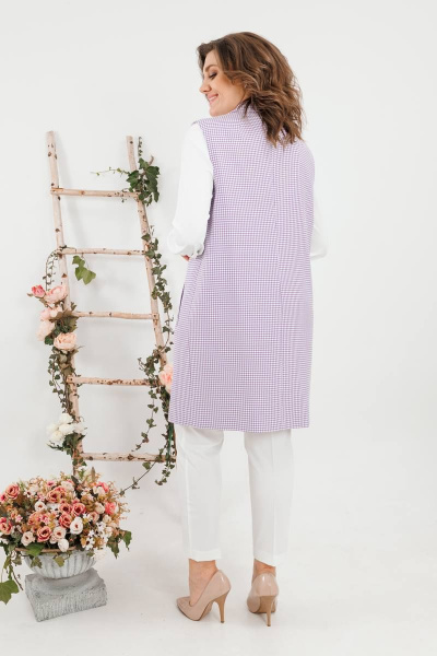 Круглогодичный комплект жилет и брюки в деловом стиле SandyNa 130560 сиреневая_гусьлапка+белый - фото 4