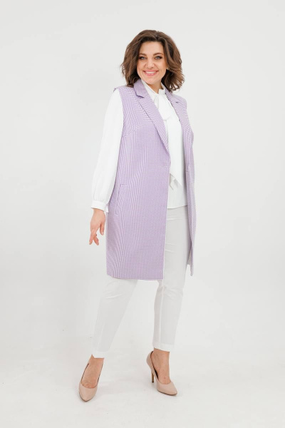 Круглогодичный комплект жилет и брюки в деловом стиле SandyNa 130560 сиреневая_гусьлапка+белый - фото 5