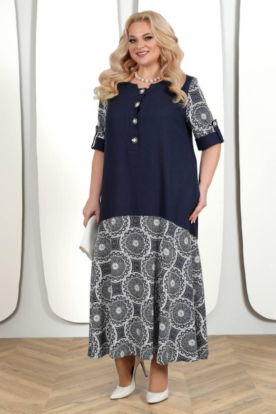 Платье с английским воротом и ленточным поясом Ninele 7421 синий - фото 6