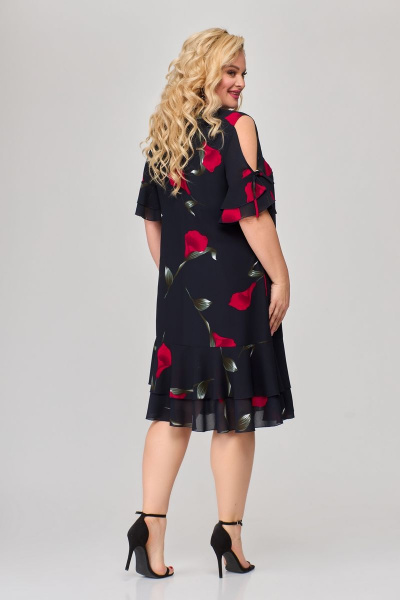 Платье А-силуэта с воланами и капелькой на рукаве из шифона Svetlana-Style 1865 синий+цветы - фото 2