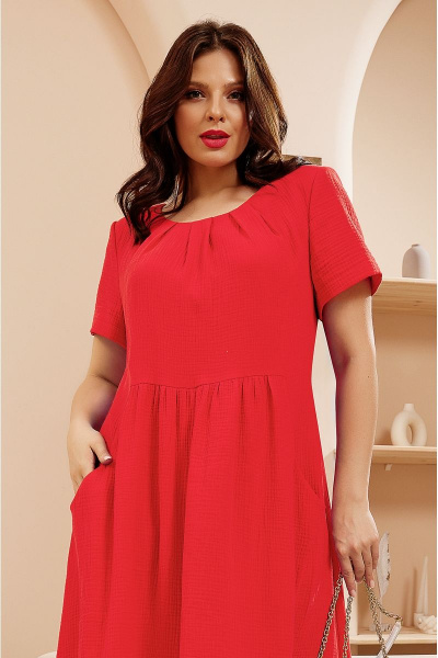 Летнее платье из марлевки с складками и карманами Lissana 4651 алый - фото 4