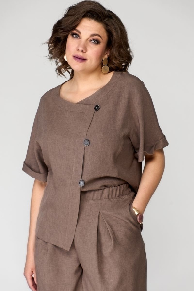 Льняной брючный костюм с укороченным жакетом и шароварами Michel chic 1337 коричневый - фото 7