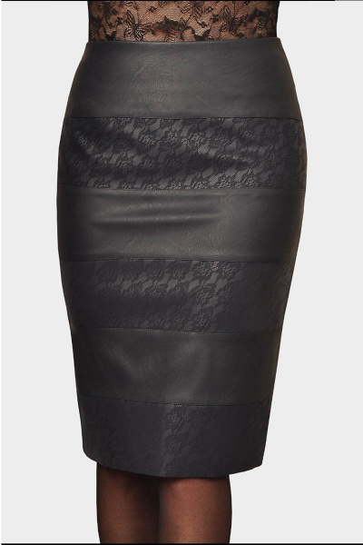 Юбка-карандаш из экокожи с кружевными полосами Klever 279 синий_кружево - фото 1