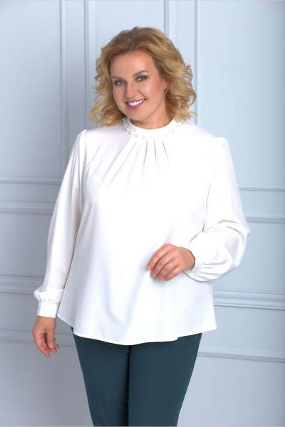 Белая элегантная блузка с жемчужинами и воротником-стойкой Anelli 611 белый - фото 1