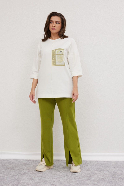 Летний костюм джемпер и брюки свободный крой Mislana С896 белый+зеленый - фото 6