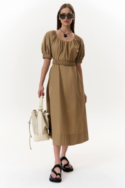 Летнее платье с сборкой, вырезом и поясом-резинкой MilMil 1089S песок - фото 1