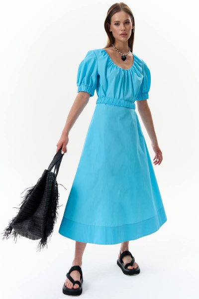 Платье А-силуэта из текстиля с поясом-резинкой на каждый день MilMil 1089L лазурь - фото 2