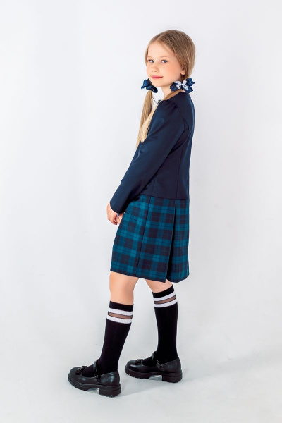 Платье для девочки с рельефными швами и складками Франтишка Ш-3215Э-22с-14-с78 темно-синий-зелёная-клетка - фото 4