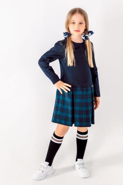 Платье для девочки с рельефными швами и складками Франтишка Ш-3215Э-22с-14-с78 темно-синий-зелёная-клетка - фото 3