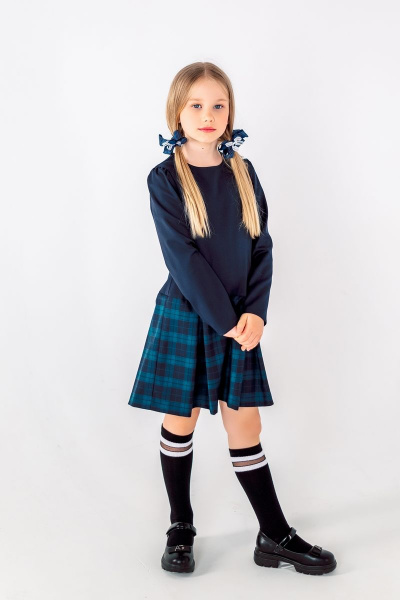 Платье для девочки с рельефными швами и складками Франтишка Ш-3215Э-22с-14-с78 темно-синий-зелёная-клетка - фото 2
