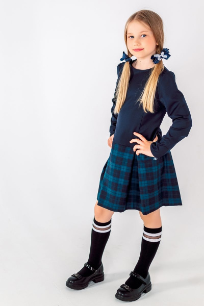 Платье для девочки с рельефными швами и складками Франтишка Ш-3215Э-22с-14-с78 темно-синий-зелёная-клетка - фото 1